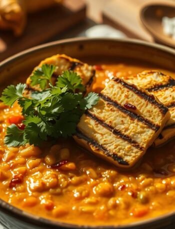 Bowl of red lentil turmeric stew topped with grilled halloumi and fresh herbs