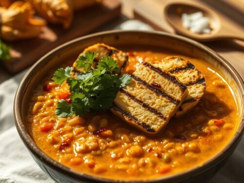 Bowl of red lentil turmeric stew topped with grilled halloumi and fresh herbs