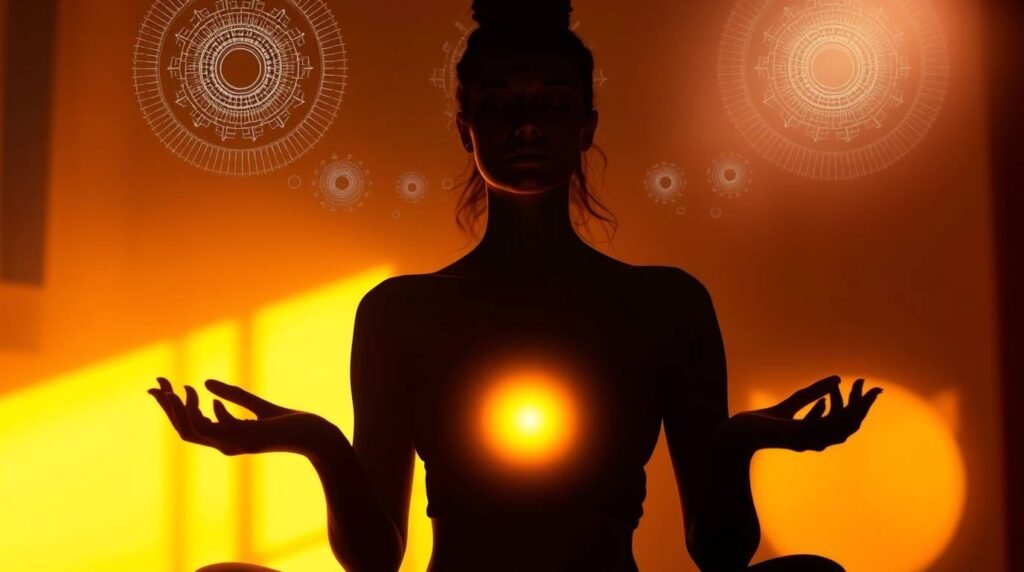 “Golden light radiating from the abdomen of a seated meditating woman”