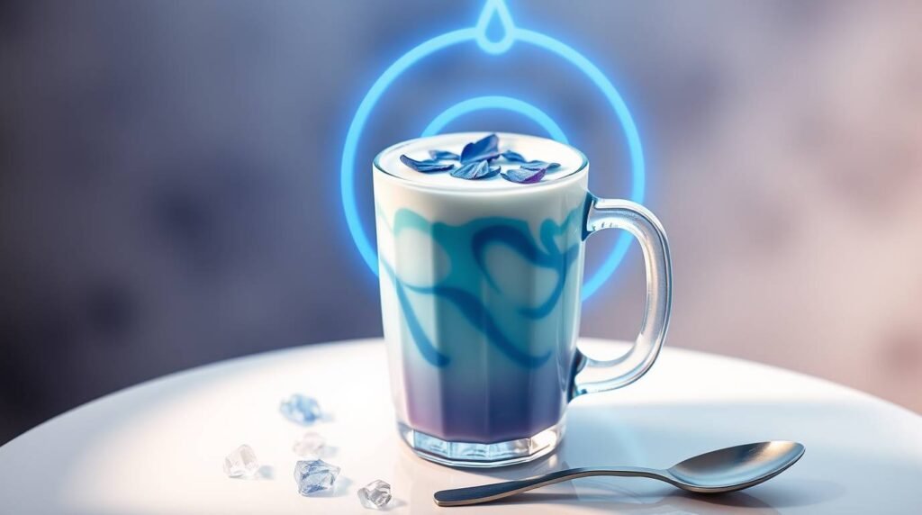 Blue butterfly pea flower latte with coconut froth and throat chakra frequency glow