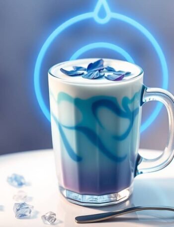 Blue butterfly pea flower latte with coconut froth and throat chakra frequency glow