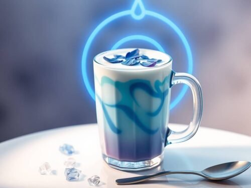 Blue butterfly pea flower latte with coconut froth and throat chakra frequency glow