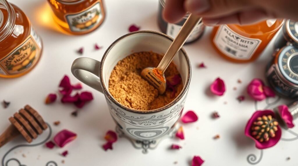 Ashwagandha powder and rose petals stirred into crimson tea