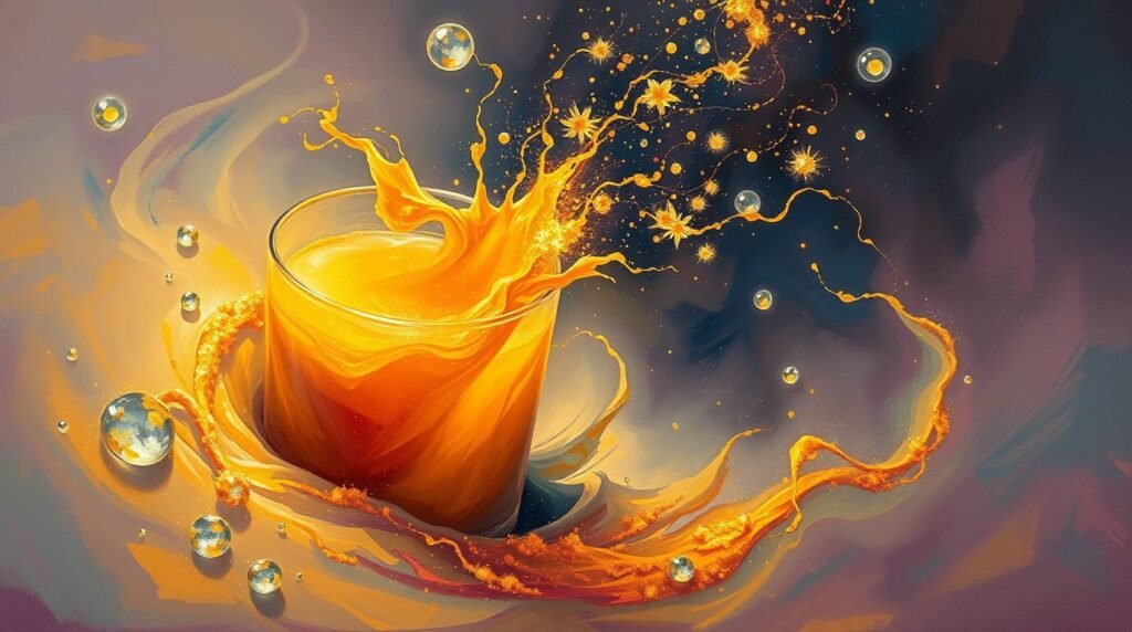 close-up of turmeric and saffron swirling into warm milk, creating glowing golden spirals
