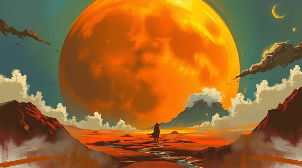 Surreal Aries Supermoon over misty hills with cosmic fire symbols