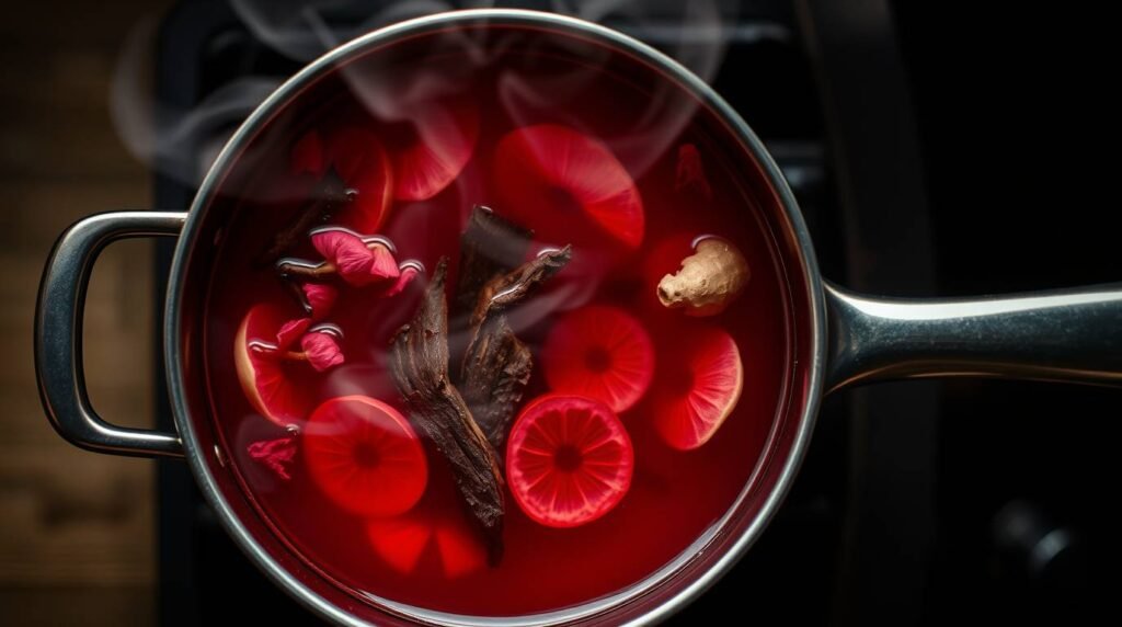 Red hibiscus, ginger, and slippery elm bark simmering in water
