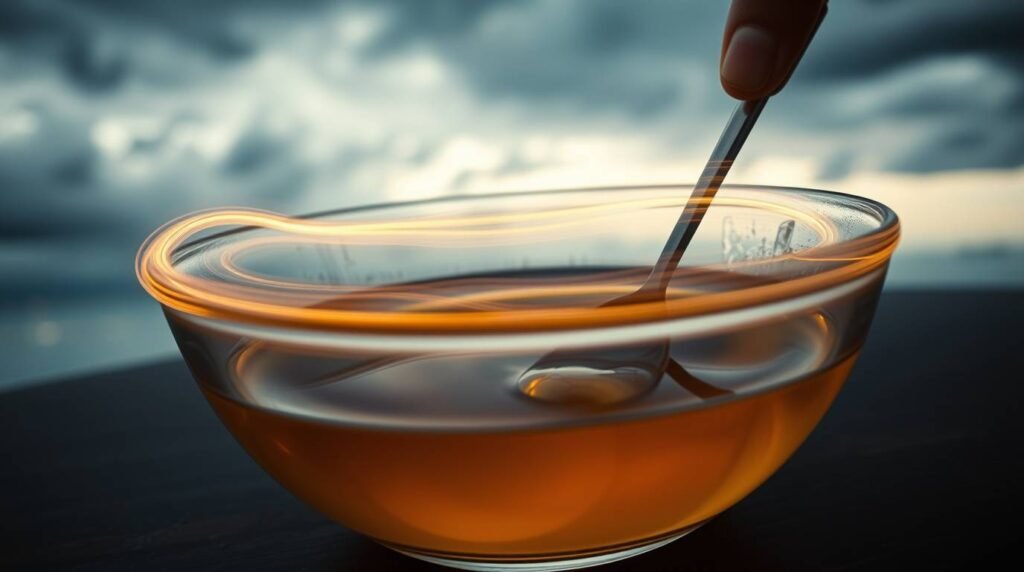A hand stirring a golden elixir in a glass bowl as light patterns ripple outward.
