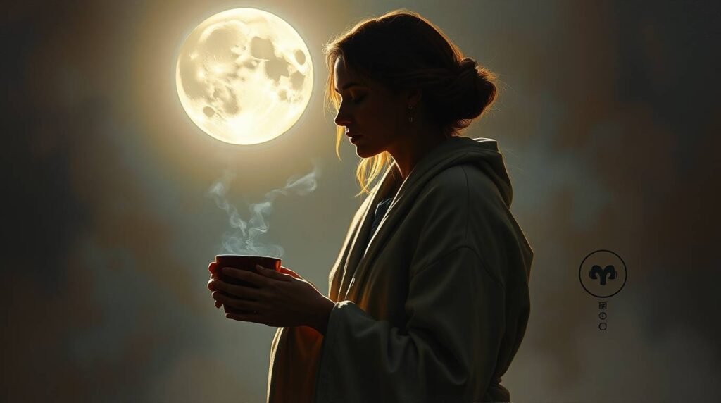 Woman holding healing tea under full moon in meditative pose