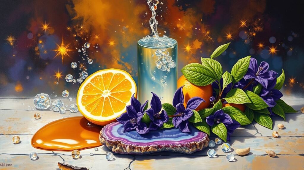  Ingredients for the prosperity potion arranged on a cosmic-patterned surface.
