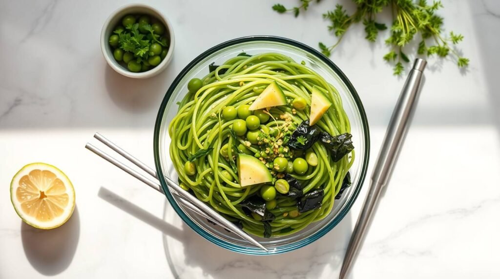 Noodle Salad with edamame, seaweed, and citrus–miso dressing in a glass bowl.