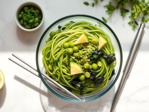 Noodle Salad with edamame, seaweed, and citrus–miso dressing in a glass bowl.