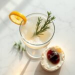 Lemon Rosemary Spark mocktail with goat cheese and fig jam pairing in soft futuristic light.
