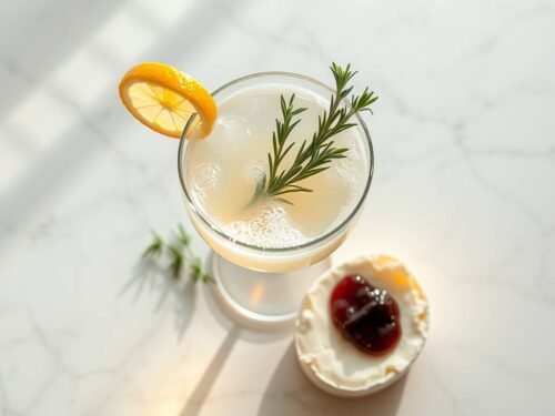 Lemon Rosemary Spark mocktail with goat cheese and fig jam pairing in soft futuristic light.