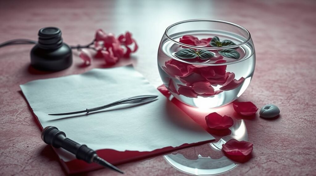 Lira Lunaria writing a haiku under moonlight beside a bowl of basil and starlit water.
