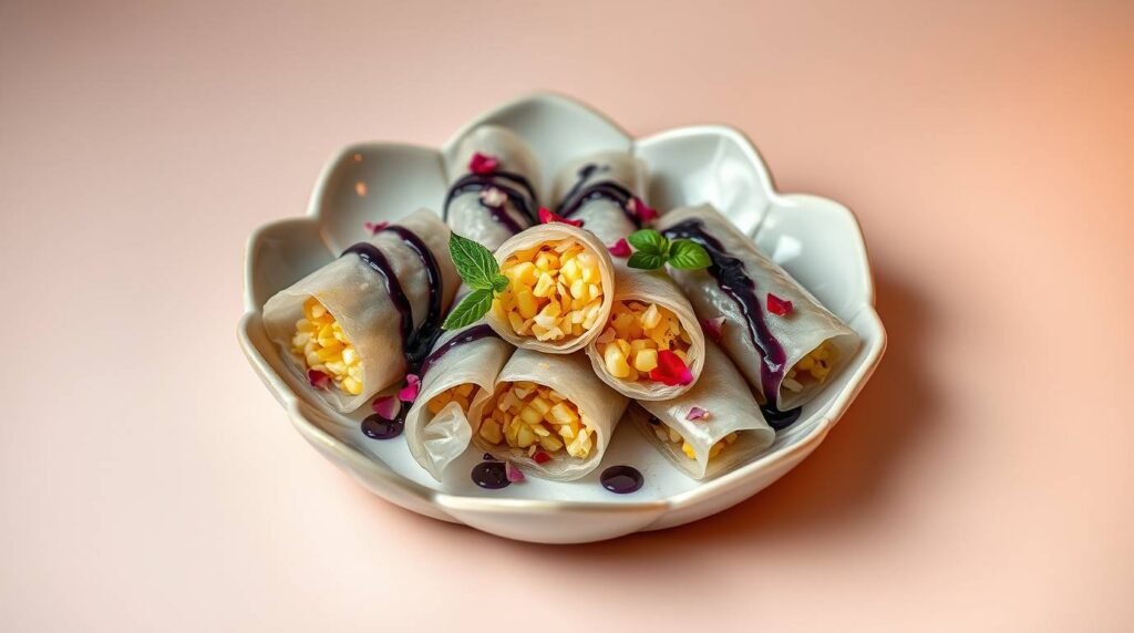 Photorealistic pineapple rice rolls on a lotus-shaped plate, drizzled with glossy blueberry glaze