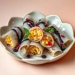 Photorealistic pineapple rice rolls on a lotus-shaped plate, drizzled with glossy blueberry glaze