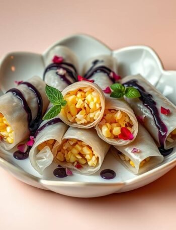 Photorealistic pineapple rice rolls on a lotus-shaped plate, drizzled with glossy blueberry glaze