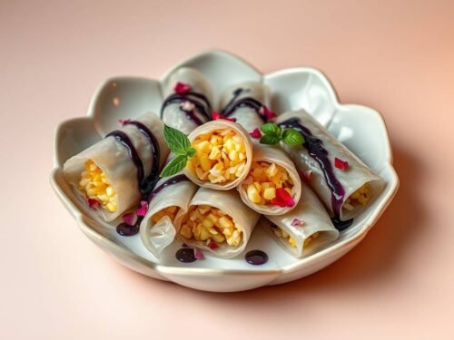 Photorealistic pineapple rice rolls on a lotus-shaped plate, drizzled with glossy blueberry glaze