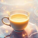 ethereal glowing cup of golden milk surrounded by floating golden threads and cosmic light