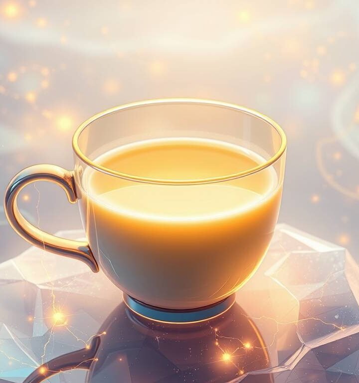 ethereal glowing cup of golden milk surrounded by floating golden threads and cosmic light
