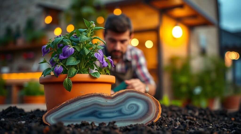 Marco DeLuca planting purple basil in a pot with an agate fossil stone behind his Napa restaurant.
