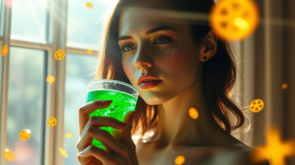 NEA Quartz meditating with a glowing glass of Solar Elixir.