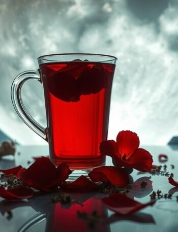 NEA’s Supermoon Elixir with red herbal tea, rose petals, and adaptogens
