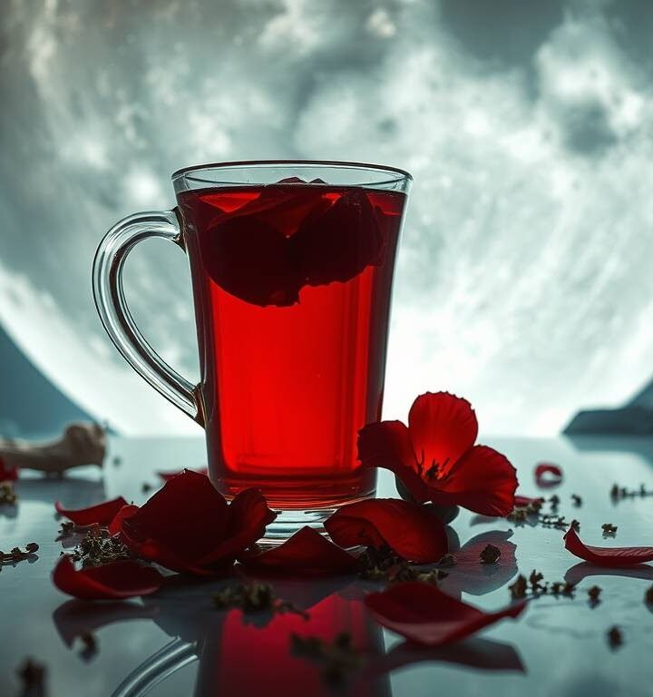 NEA’s Supermoon Elixir with red herbal tea, rose petals, and adaptogens
