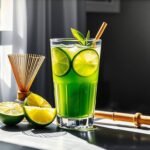 Futuristic glass of matcha–citrus tonic glowing in sunlight beside green powder and citrus slices.