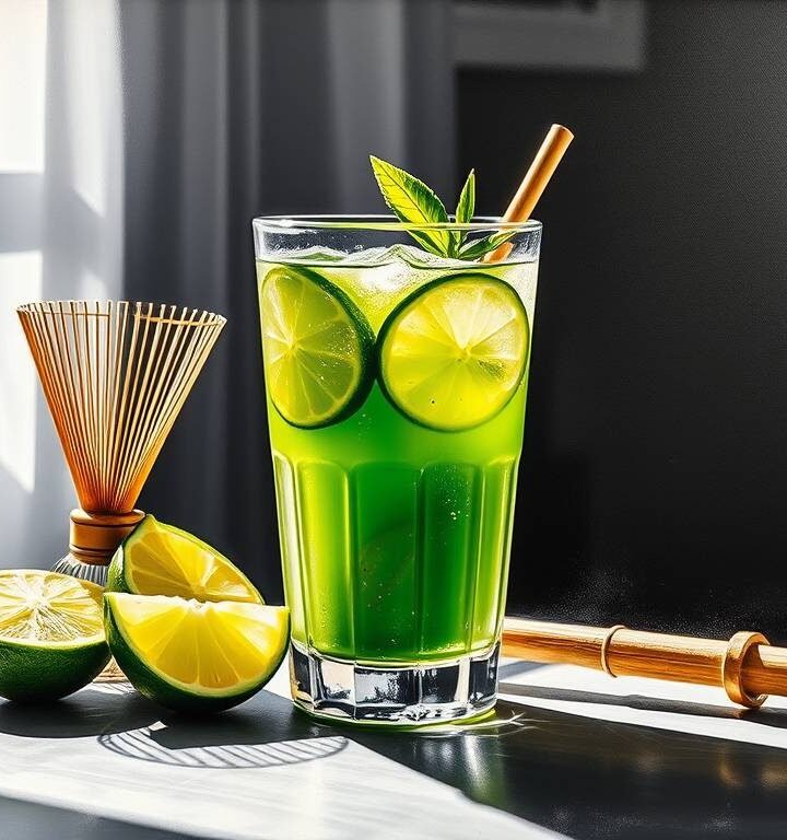Futuristic glass of matcha–citrus tonic glowing in sunlight beside green powder and citrus slices.