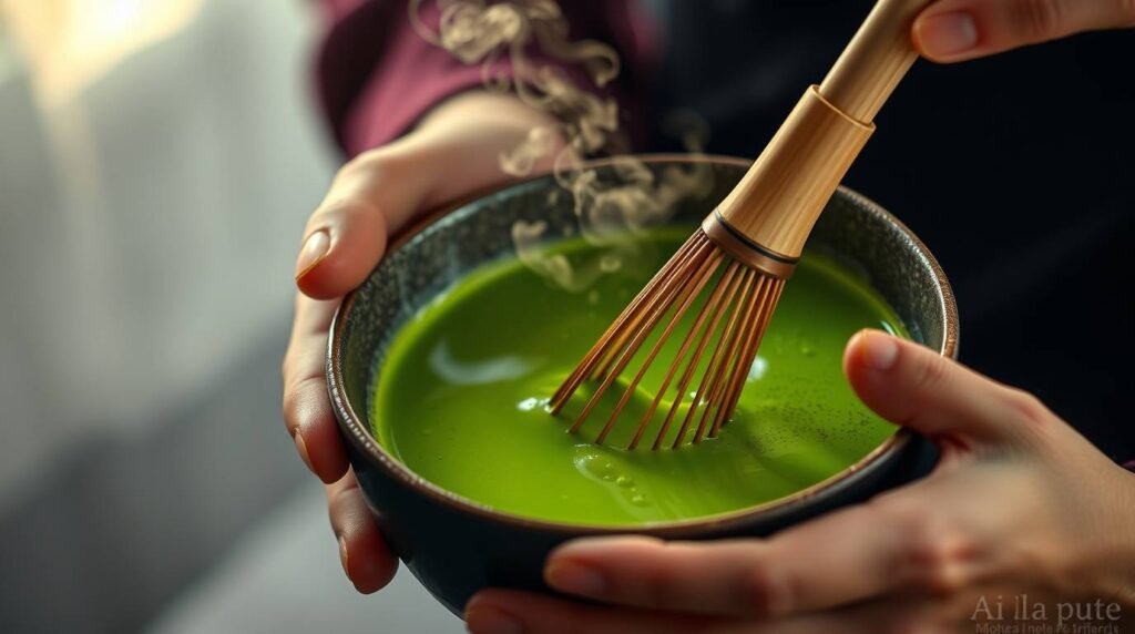 Whisking ceremonial matcha powder in a warm bowl.