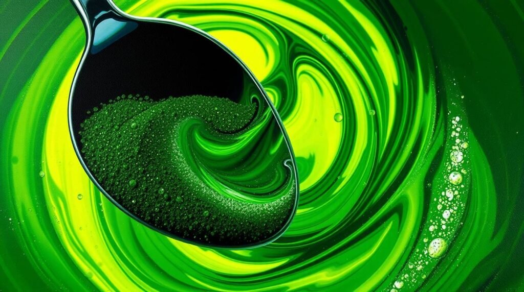 Spirulina powder blending into green tonic.