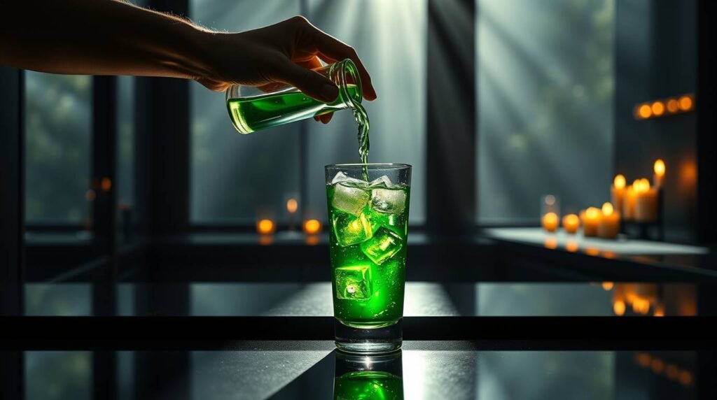 Pouring Solar Elixir over ice into a clear glass.