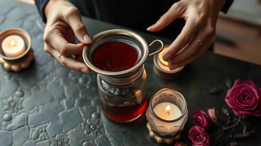 Herbal infusion being strained into a glass jar beside candle and moonstone