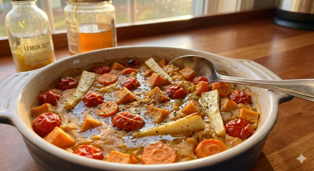 A one-hand friendly cherry tomato and root vegetable bake with herbs and cordyceps, glowing with Solar Plexus golden tones.