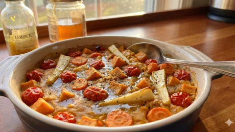 A one-hand friendly cherry tomato and root vegetable bake with herbs and cordyceps, glowing with Solar Plexus golden tones.