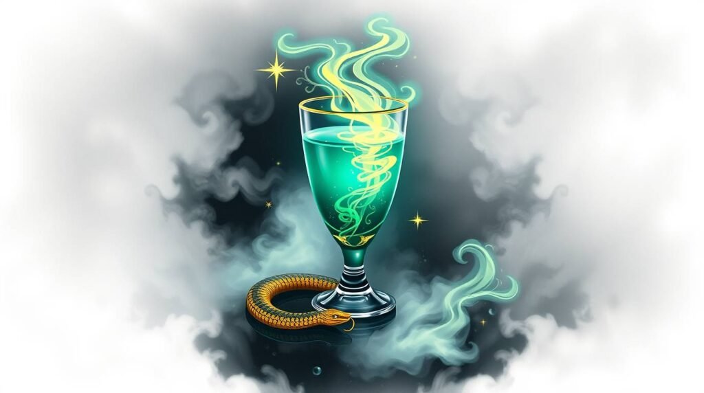 Futuristic glowing green-blue Biolumina Elixir symbolizing the serpent’s renewal in a transparent glass