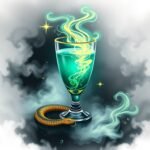 Futuristic glowing green-blue Biolumina Elixir symbolizing the serpent’s renewal in a transparent glass
