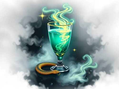 Futuristic glowing green-blue Biolumina Elixir symbolizing the serpent’s renewal in a transparent glass