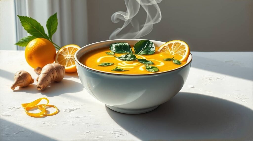 Zero-waste Lumina Root Soup made from Sacred Scrap Broth in a white ceramic bowl with lemon zest, ginger, and wilted greens