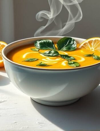 Zero-waste Lumina Root Soup made from Sacred Scrap Broth in a white ceramic bowl with lemon zest, ginger, and wilted greens