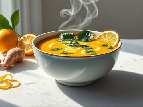 Zero-waste Lumina Root Soup made from Sacred Scrap Broth in a white ceramic bowl with lemon zest, ginger, and wilted greens