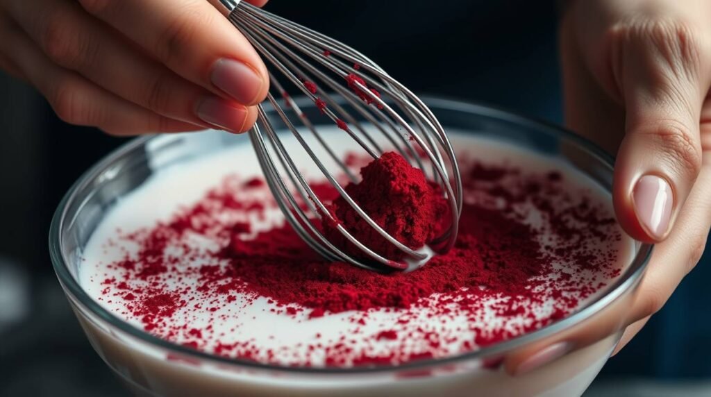 Whisking cacao, beetroot, and spices into warm milk.