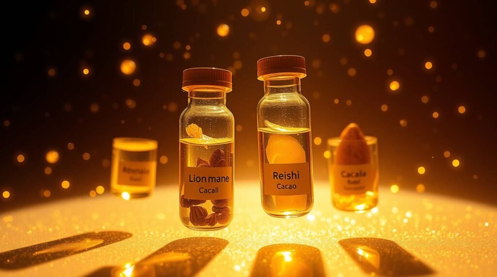 Futuristic adaptogen display with shimmering labels