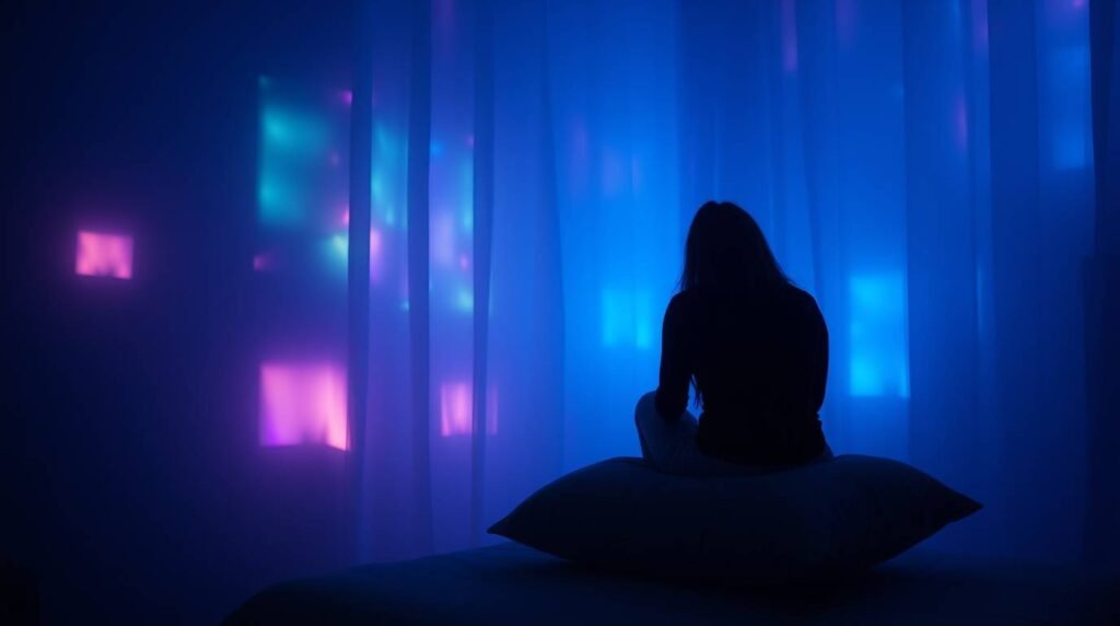 Person seated in dim light practicing slow winter breathing