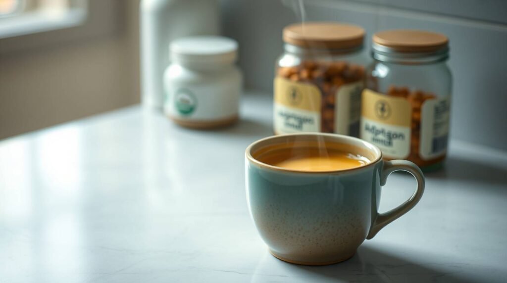 Mug of golden turmeric latte with winter spices and adaptogens