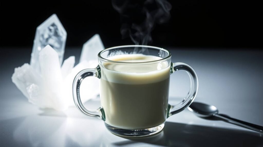 A luminous green tea adaptogen latte in a minimalist glass mug, glowing softly like quartz.