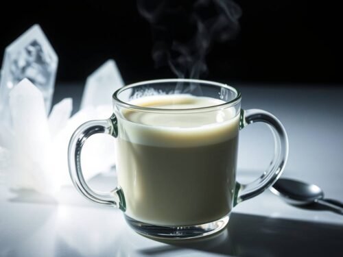 A luminous green tea adaptogen latte in a minimalist glass mug, glowing softly like quartz.