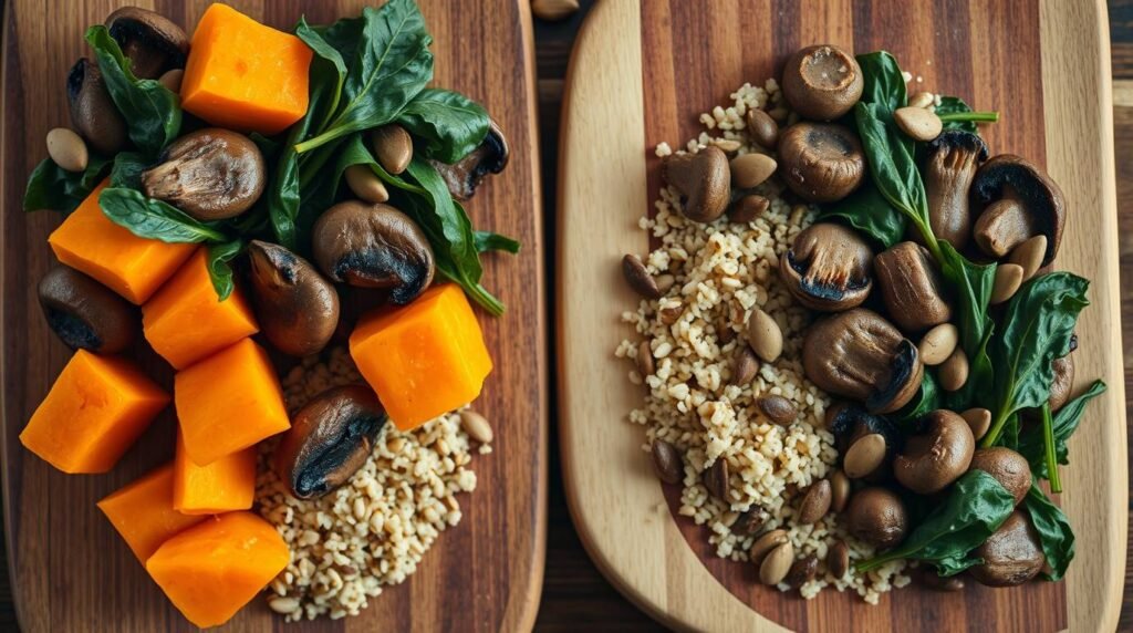 Photorealistic quinoa, sweet potatoes, mushrooms, greens, and seeds arranged on a wooden board