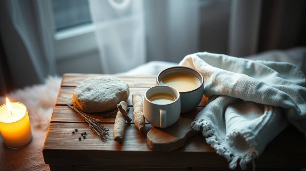 Minimalist ritual setting with candle-free winter altar and warm grounding tools